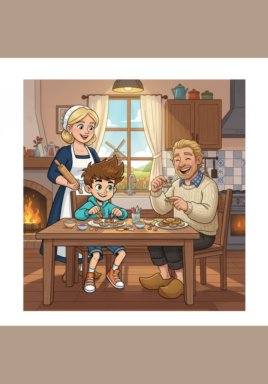 Na het eten gaat Bram aan de slag met verf, penselen en glitters om de eieren te versieren. Hij schildert vrolijke patronen en maakt een ei dat eruitziet als een klein geel kuikentje. Hij vindt het prachtig om te zien hoe kleurrijk de eieren worden.