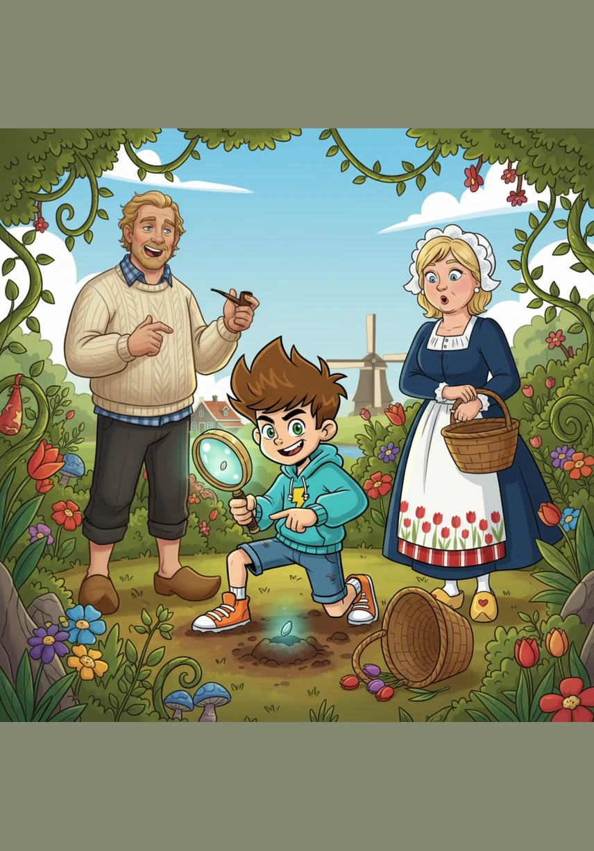 Dan is het tijd voor het spannendste deel van de dag: eieren zoeken in de tuin! Met een rieten mandje in zijn hand rent Bram naar buiten en kijkt hij overal heel goed rond. Hij zoekt achter de bloempotten en onder de grote groene bladeren.