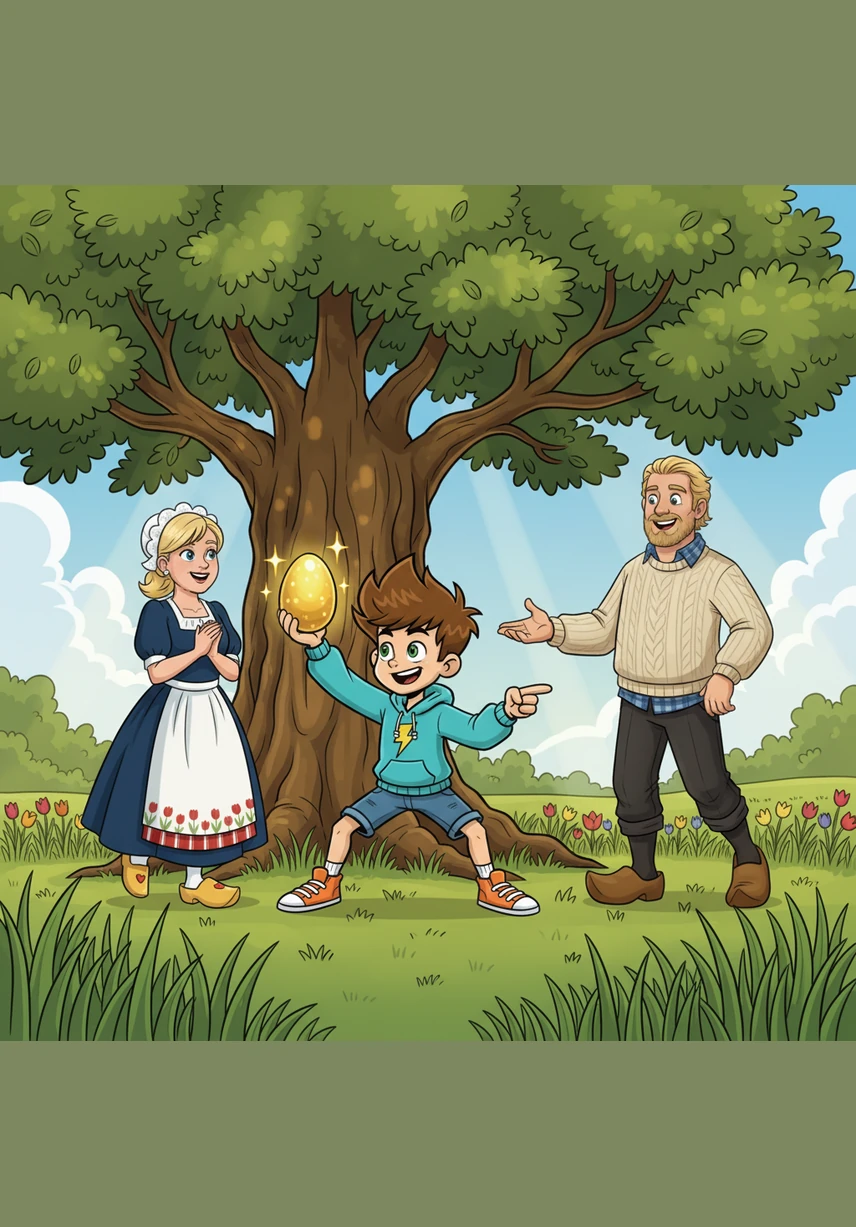 Plotseling ziet hij iets glinsteren tussen het hoge gras bij de oude eikenboom. Het is een groot chocolade-ei met een glanzende gouden wikkel eromheen. Bram roept enthousiast naar zijn ouders dat hij het speciale gouden ei heeft gevonden.