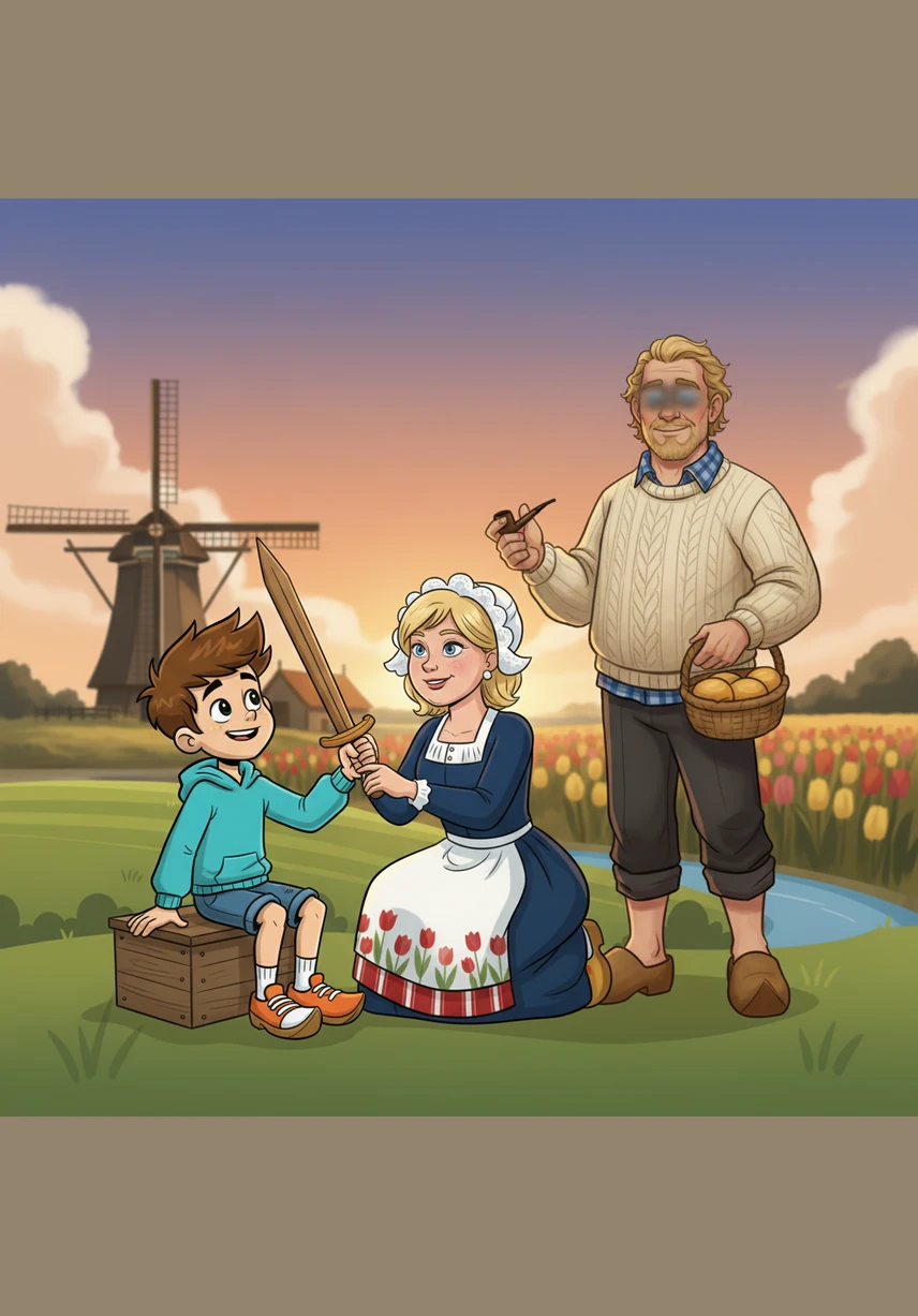 Als de avond valt, ziet Bram in de verte de grote vlammen van een traditioneel paasvuur. In het oosten van Nederland komen mensen bij elkaar om de winter te verjagen met een enorm vuur. De oranje vlammen dansen hoog tegen de donkere lucht.