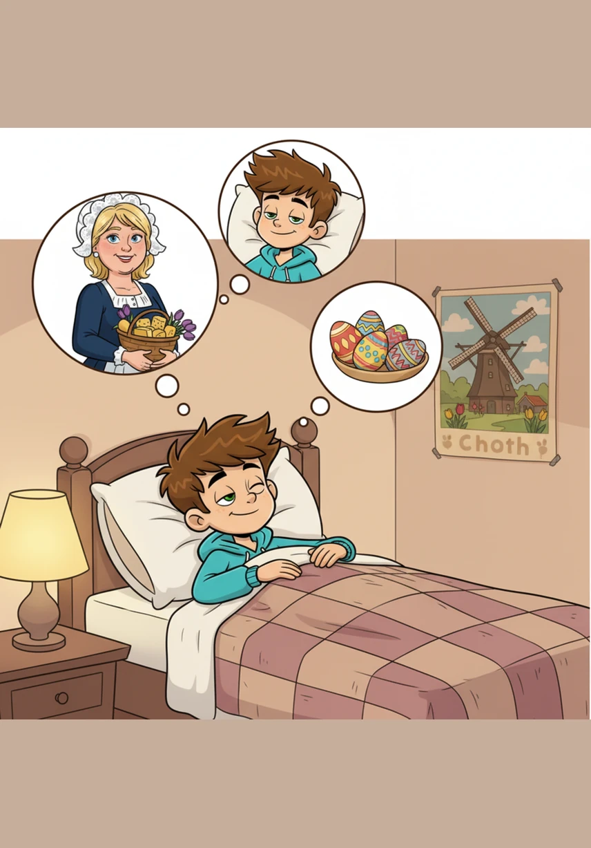 Aan het einde van de dag ligt Bram moe maar heel tevreden in zijn warme bed. Hij denkt terug aan de chocolade, de gezelligheid en de mooie tradities met zijn familie. Pasen in Nederland is elk jaar weer een groot en vrolijk feest.