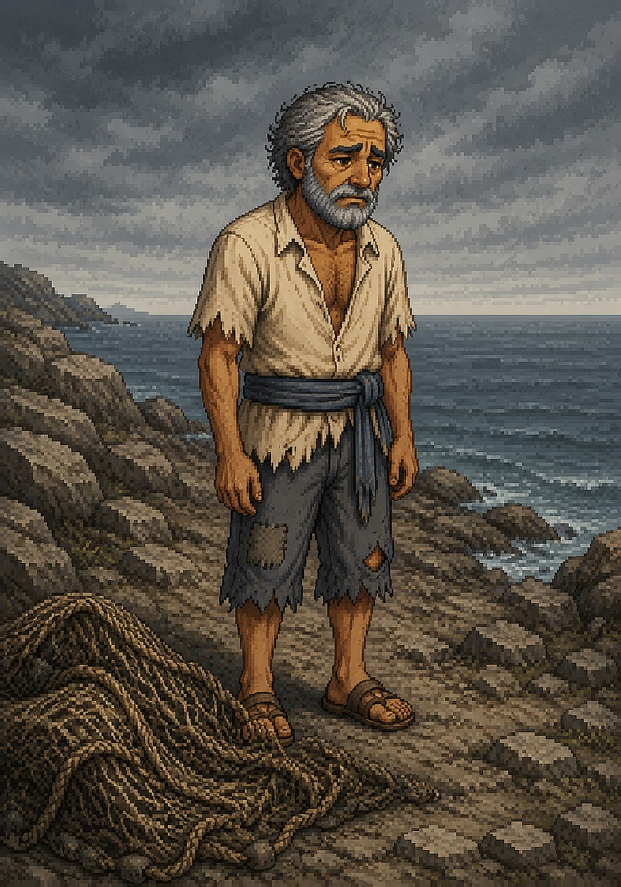 Nikolas stood on the rocky shores of his small Greek island, staring blankly at the empty sea. The tattered nets at his feet whispered stories of a harsh, barren season, leaving his pockets empty and his family's future uncertain.