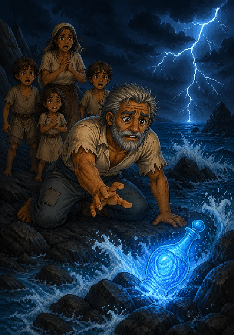 As the lightning cracked across the dark sky, a strange, brilliant blue light caught his eye among the crashing waves. Washed up against the jagged rocks was an intricate glass bottle, glowing with an otherworldly, ethereal luminescence.