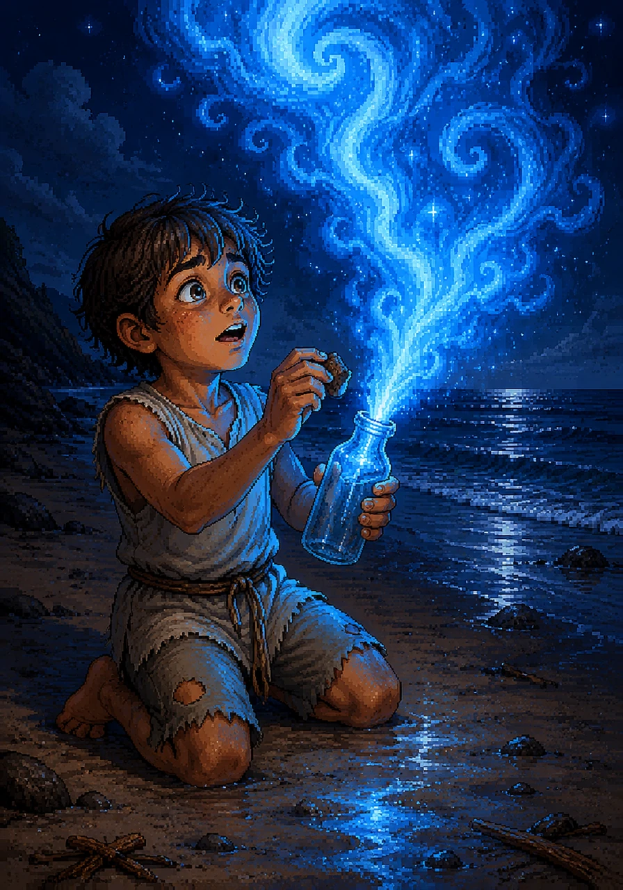 Curiosity overcoming his fear, Nikolas knelt on the wet sand and carefully pulled the cork from the bottle's neck. A thick, sparkling azure mist erupted from the opening, spiraling upward and casting dramatic shadows across the beach.