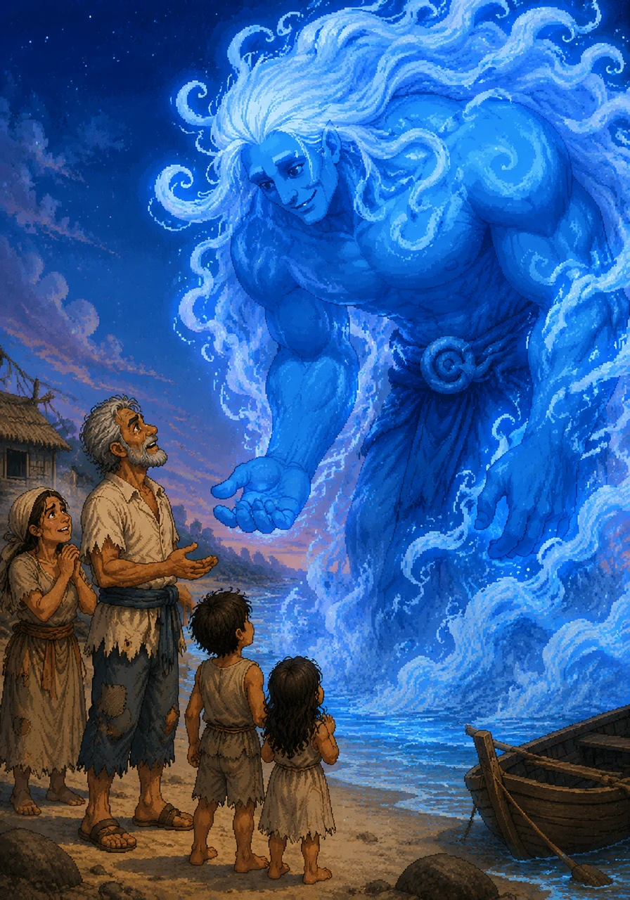 The mist solidified into a towering, benevolent blue spirit whose eyes held the depth of the deep ocean. The mystical being bowed its head and spoke in a voice like rolling thunder, offering the humble fisherman a single wish.