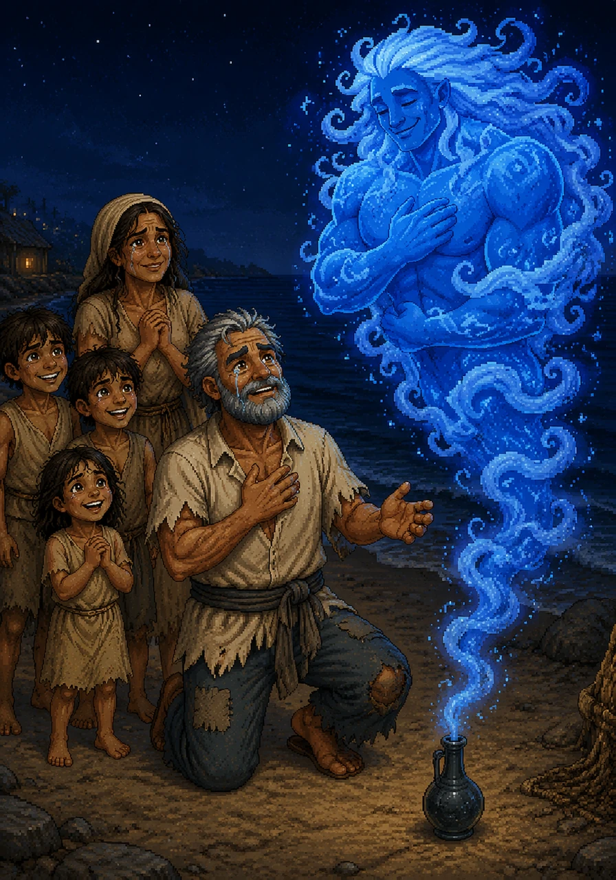 Thinking of his hungry children and his wife's tired eyes, Nikolas placed his hand over his heart and asked not for endless riches, but just enough comfort to care for his family. The spirit smiled warmly, nodded, and dissolved back into the crisp night air, leaving the bottle dark.