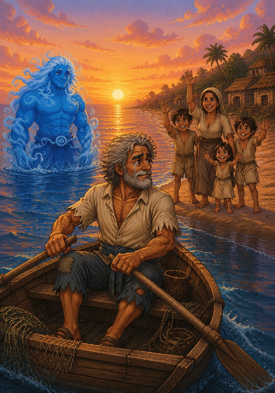 The next morning, the storm had vanished, replaced by a breathtaking golden sunrise that painted the calm waters in hues of orange and pink. Nikolas rowed out to his usual fishing spot, his heart beating with a mixture of anxiety and hope.
