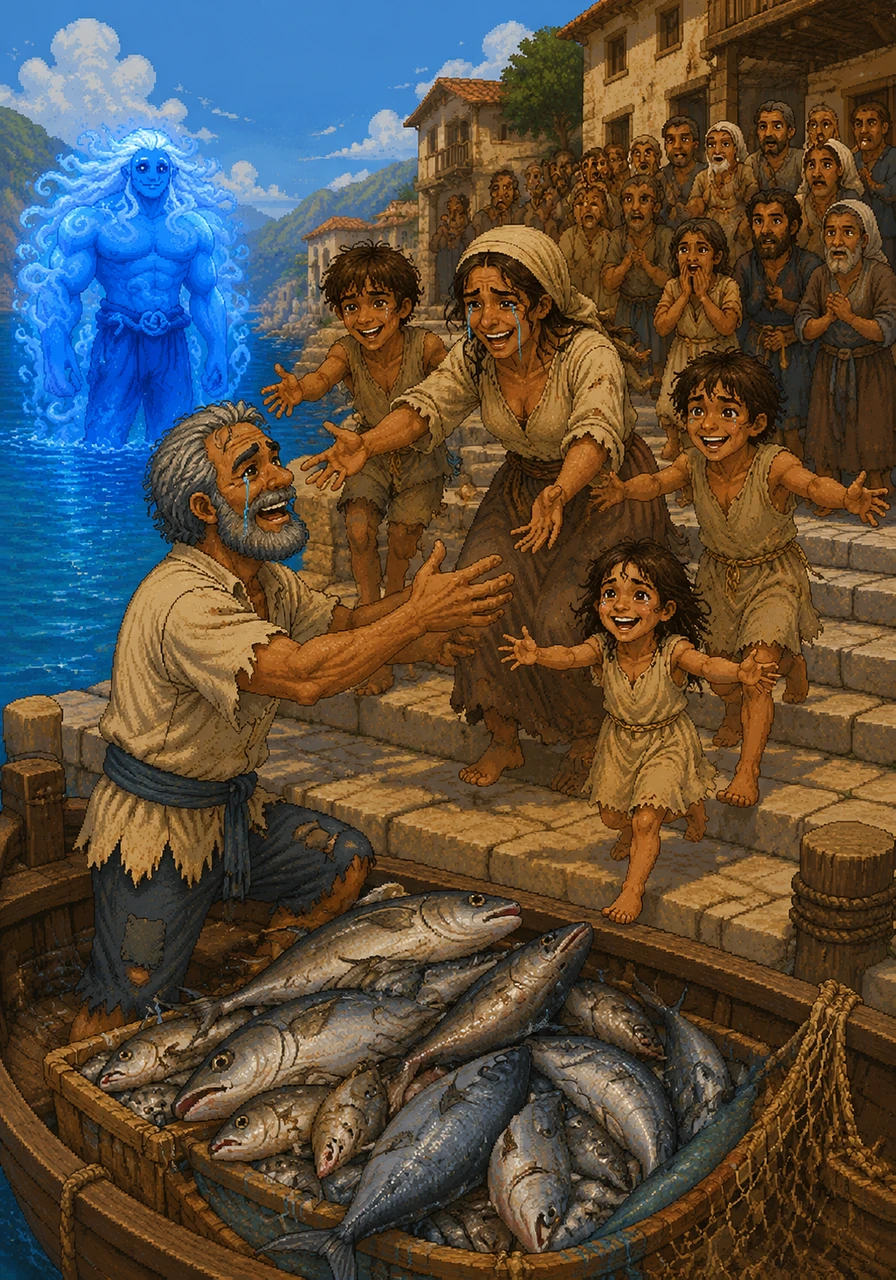 Nikolas returned to the harbor in triumph, his face bright with tears of pure joy as his family rushed down the stone steps to greet him. The village stared in absolute awe at the miraculous catch that would sustain the fisherman's household for years to come.