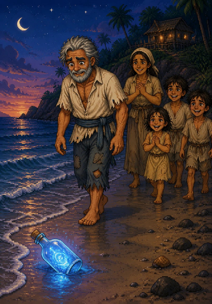 Later that evening, while walking along the peaceful shoreline to give thanks, Nikolas spotted a familiar soft blue glow in the damp sand. The magical bottle had returned to the water's edge, sparkling quietly as it waited for the tide to carry it to the next soul in need.