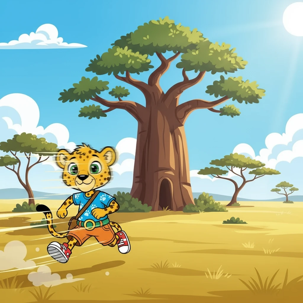 One sunny day, Chet said, 'Let's race to the Big Baobab Tree!' And off he went like a streak of lightning.