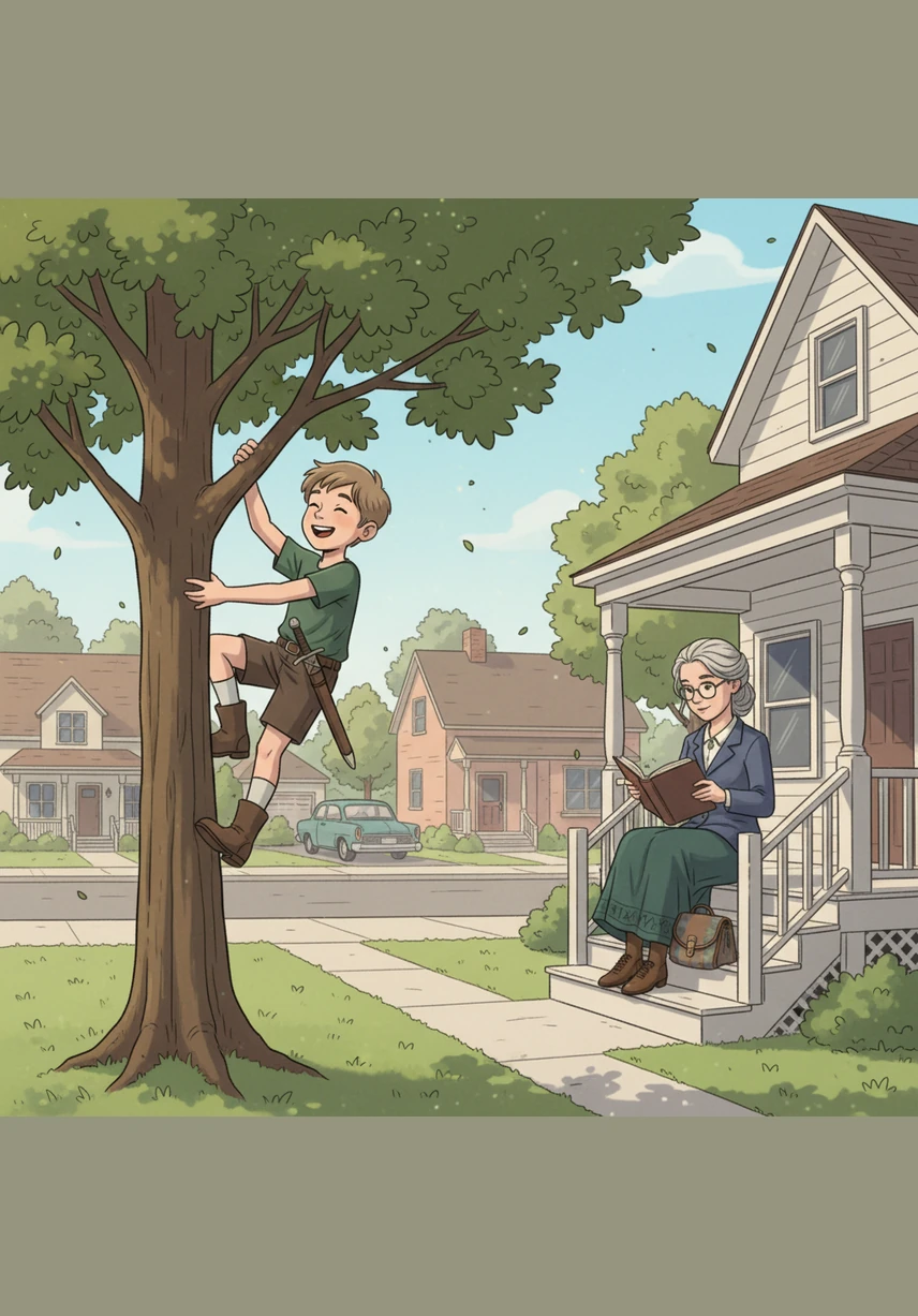 In a sun-drenched suburban street during the 1960s, young Arthur climbs a tall oak tree while Evelyn sits neatly on her porch steps two houses away, engrossed in a thick book. Their childhood worlds are only a few yards apart, yet they seem to inhabit entirely different universes of mischief and order.