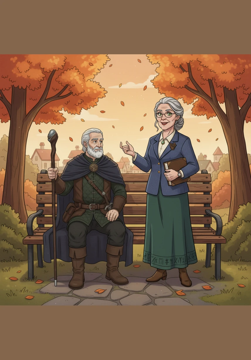 On a crisp autumn afternoon, their paths cross unexpectedly at a local park bench overlooking the very neighborhood where they grew up. A spark of recognition flickers in their eyes as the distance of fifty years suddenly collapses into a single, breathless moment of greeting.