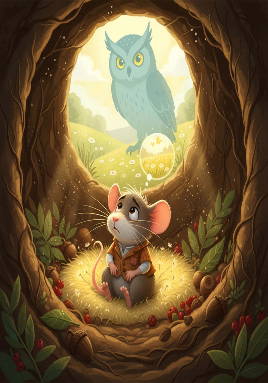 Pip Squeak, a small mouse with whiskers that twitched nervously, huddled in his cozy burrow. He dreamt of the world outside, but a giant, shadowy owl lived nearby, and that made him shiver with fear. Sunlight streamed into the burrow, but Pip Squeak stayed hidden, dreaming of a day he could be brave.