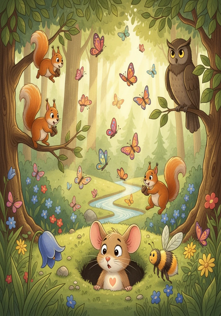 Outside, the forest buzzed with activity. Squirrels chattered, and butterflies danced in the sun. Pip Squeak peeked out from his burrow, his heart pounding. The world felt vast and intimidating. He wished he could join the other animals, but the fear of the owl kept him rooted.