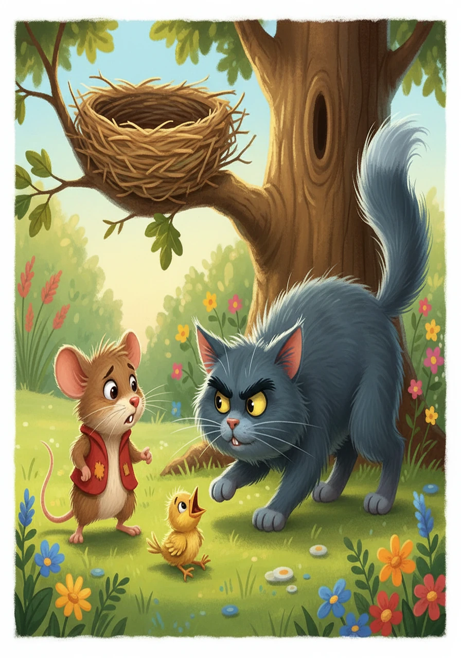 One day, Pip Squeak heard a frantic squeak – a little bird had fallen from its nest, and a big, grumpy cat was stalking it! Pip Squeak knew he should hide, but he remembered his dream of bravery, and a new feeling surged within him.