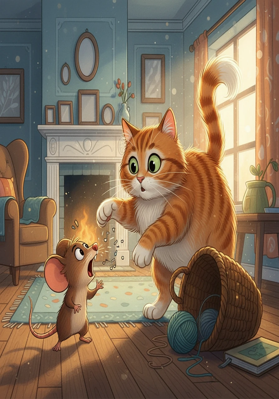 Gathering all his courage, Pip Squeak scurried out, squeaking loudly at the cat! The cat, startled by the tiny mouse's boldness, paused, surprised. Pip Squeak continued to squeak and scamper, distracting the cat.