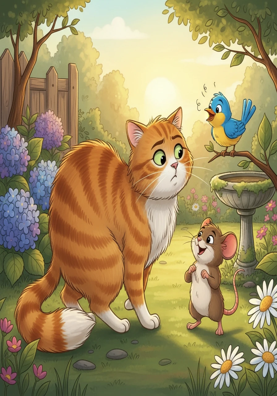 The cat, confused and annoyed by Pip Squeak's antics, finally gave up and slinked away. Pip Squeak, trembling but exhilarated, watched the cat go, then looked at the little bird, who chirped happily. Pip Squeak had saved the day!