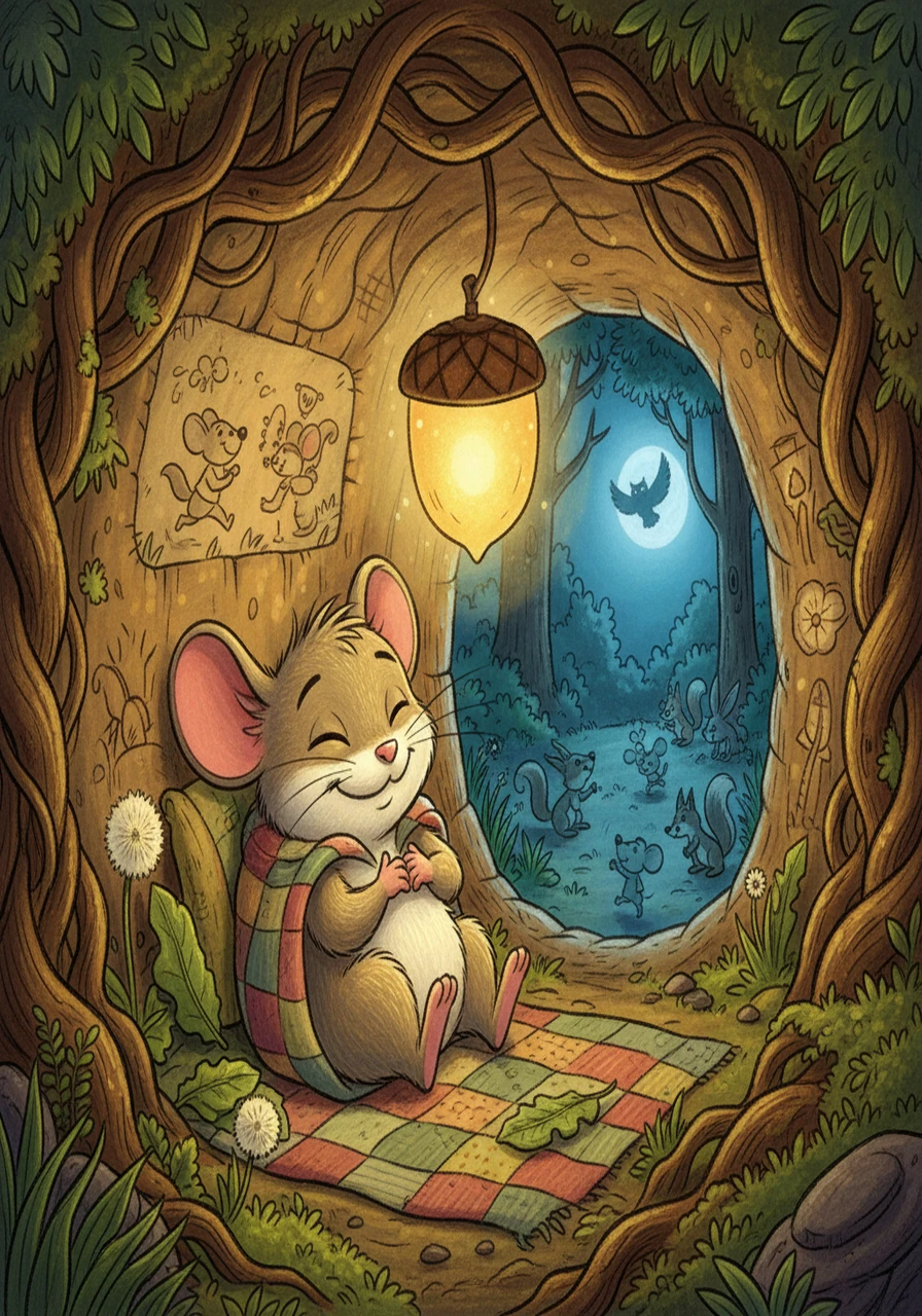 That night, snuggled safely in his burrow, Pip Squeak felt a warmth he had never known. He realized that even the smallest creature can be brave, and that facing his fears brought him joy. From then on, Pip Squeak played with the other animals, the owl no longer a source of dread, but just a shadow in the distance. He knew he could overcome anything.