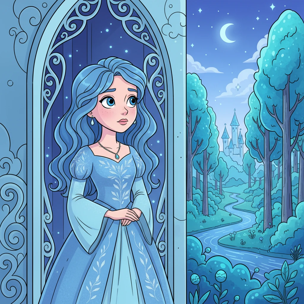 Celeste, a princess with eyes as blue as the distant sky, lived in the serene Blue Forest. Her royal home shimmered with gentle light, and she moved with a quiet grace. Though calm, a thoughtful spark often danced in her gaze as she looked out from her towering castle.