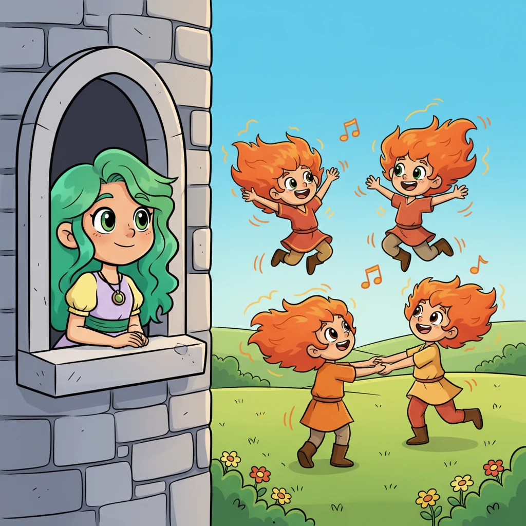 From her window, Celeste watched the lively Red people in the sunny plains beyond. Their flame-colored hair bounced as they danced and sang, filling the air with boisterous laughter. They moved like a joyful whirlwind, radiating warmth and boundless energy.