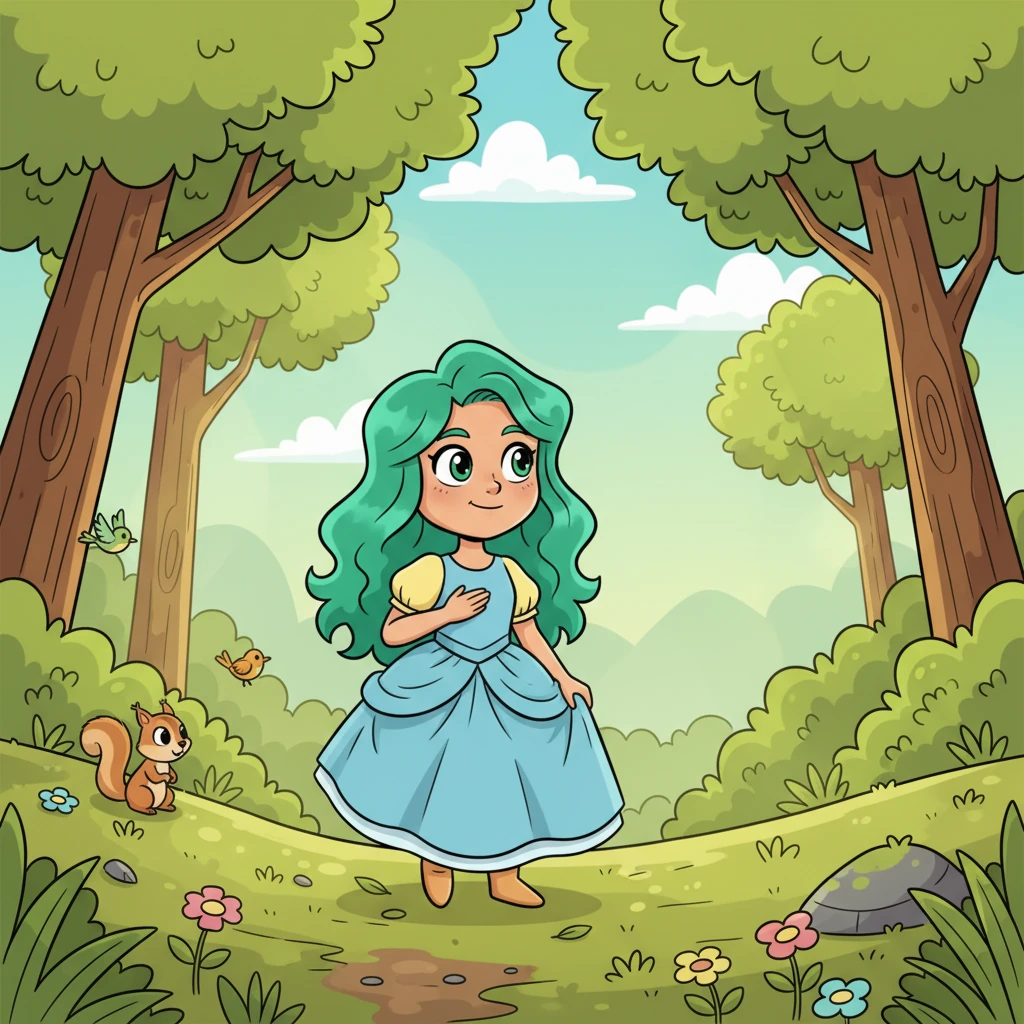 One sunny morning, a quiet longing for discovery tugged at Celeste's heart. She slipped away from her royal duties, her blue gown a soft whisper against the forest floor. With a determined yet gentle spirit, she began her secret journey towards the mysterious Green lands.