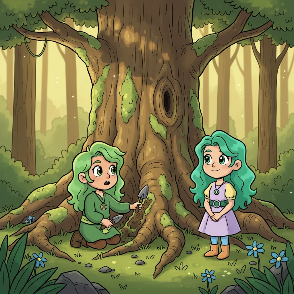 Deep within the silent woods, Celeste discovered a young Green child named Moss, meticulously tending to the exposed roots of a colossal, ancient tree. Moss had vibrant green hair and eyes, and moved with a quiet focus, initially startled by Celeste's presence.
