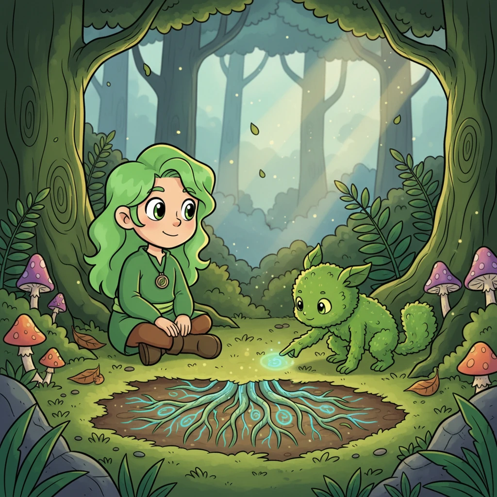 Celeste sat down gently, respecting Moss's space and the forest's quiet. After a moment, Moss, sensing no harm, carefully pointed to a network of tiny, glowing roots beneath the soil. It was a silent lesson in connection, showing how everything was intertwined.