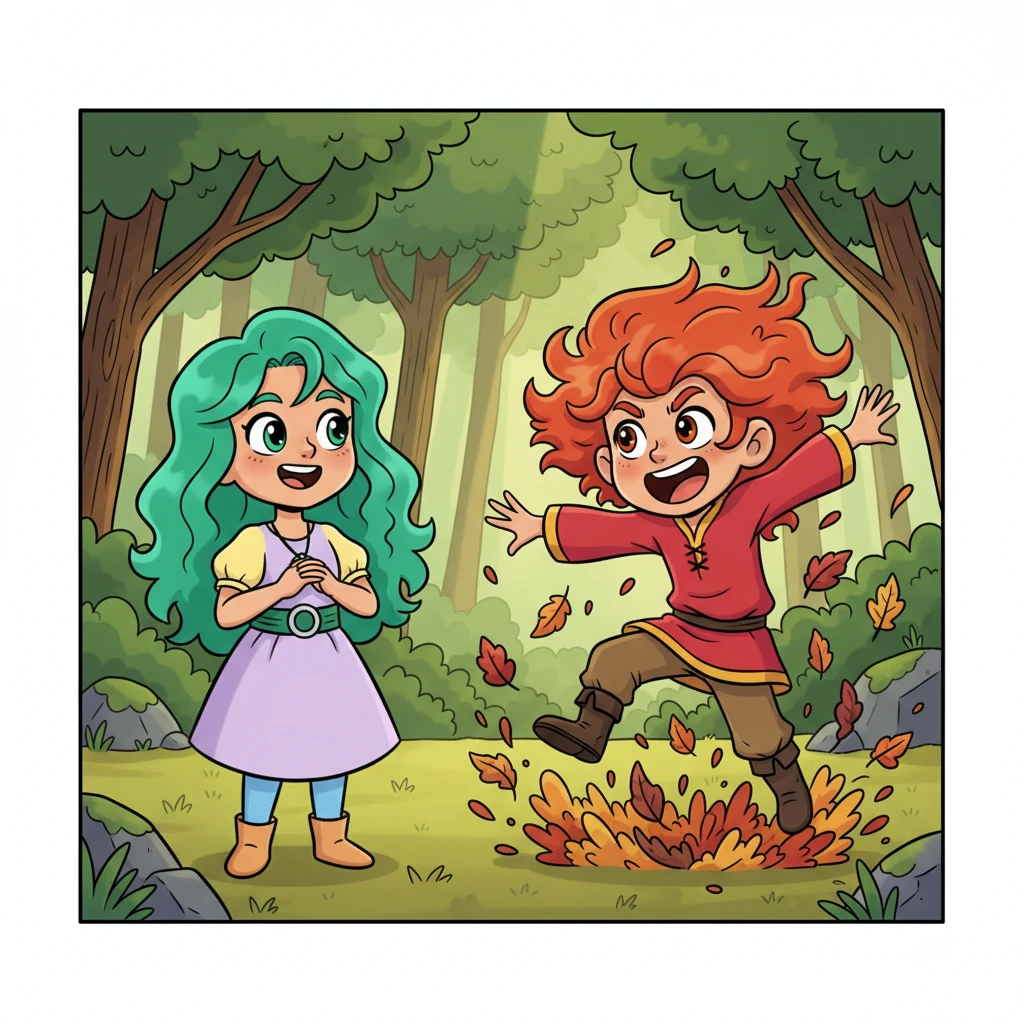 Suddenly, a flash of fiery red burst into the clearing! Ember, a lively Red child who had secretly followed Celeste, tumbled in with a joyous shout and a shower of kicked-up leaves. Ember's energy was a vibrant contrast to the forest's calm.
