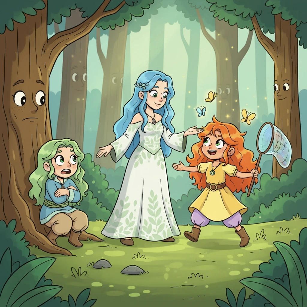 Moss flinched, startled by the sudden noise and movement, shrinking back against the tree. Celeste, with her serene voice, gently calmed Ember, explaining the Green Forest's peaceful nature. She then reassured Moss that Ember's boisterous spirit came from a place of pure joy.