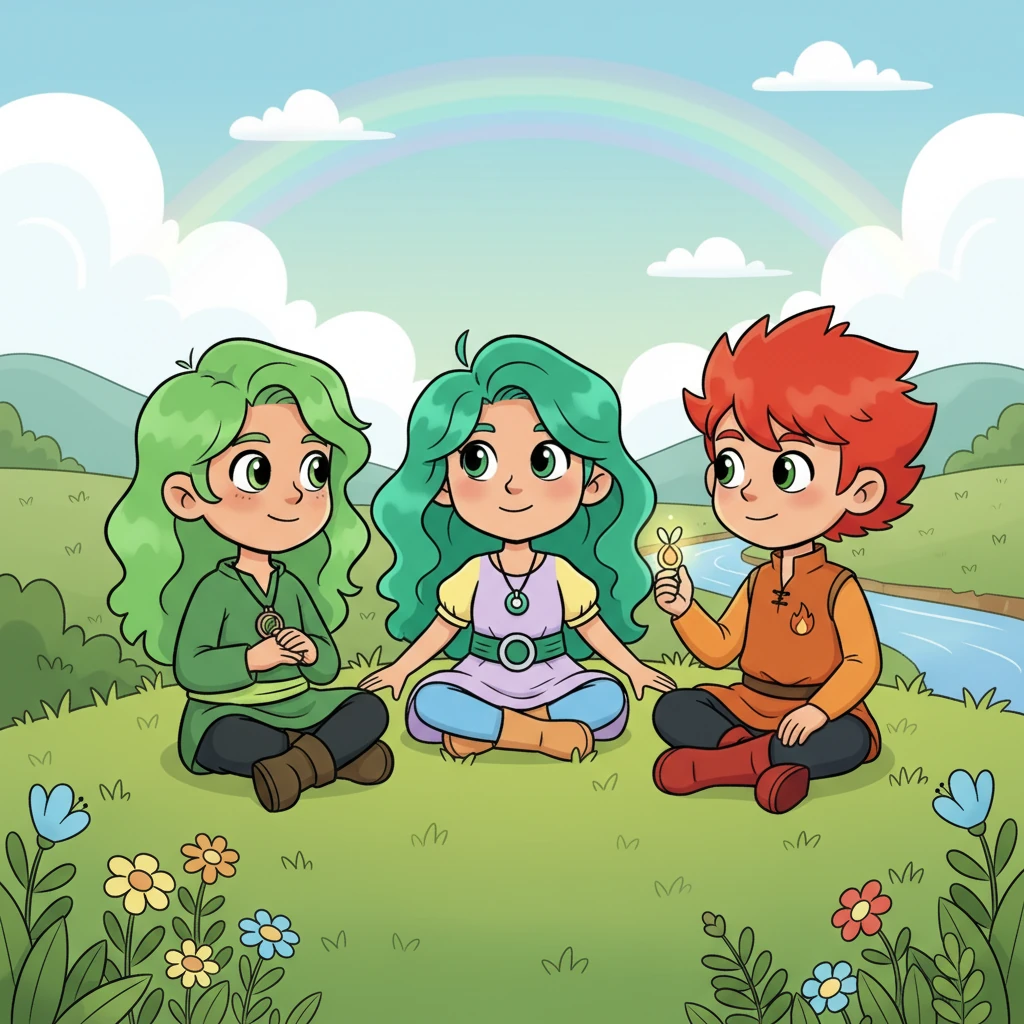 For a moment, all three children sat together, a tiny blue princess, a quiet green child, and an energetic red one. Ember learned to appreciate stillness, Moss discovered the warmth of new friendship, and Celeste understood that all colors, all temperaments, weave together to create a truly beautiful world.