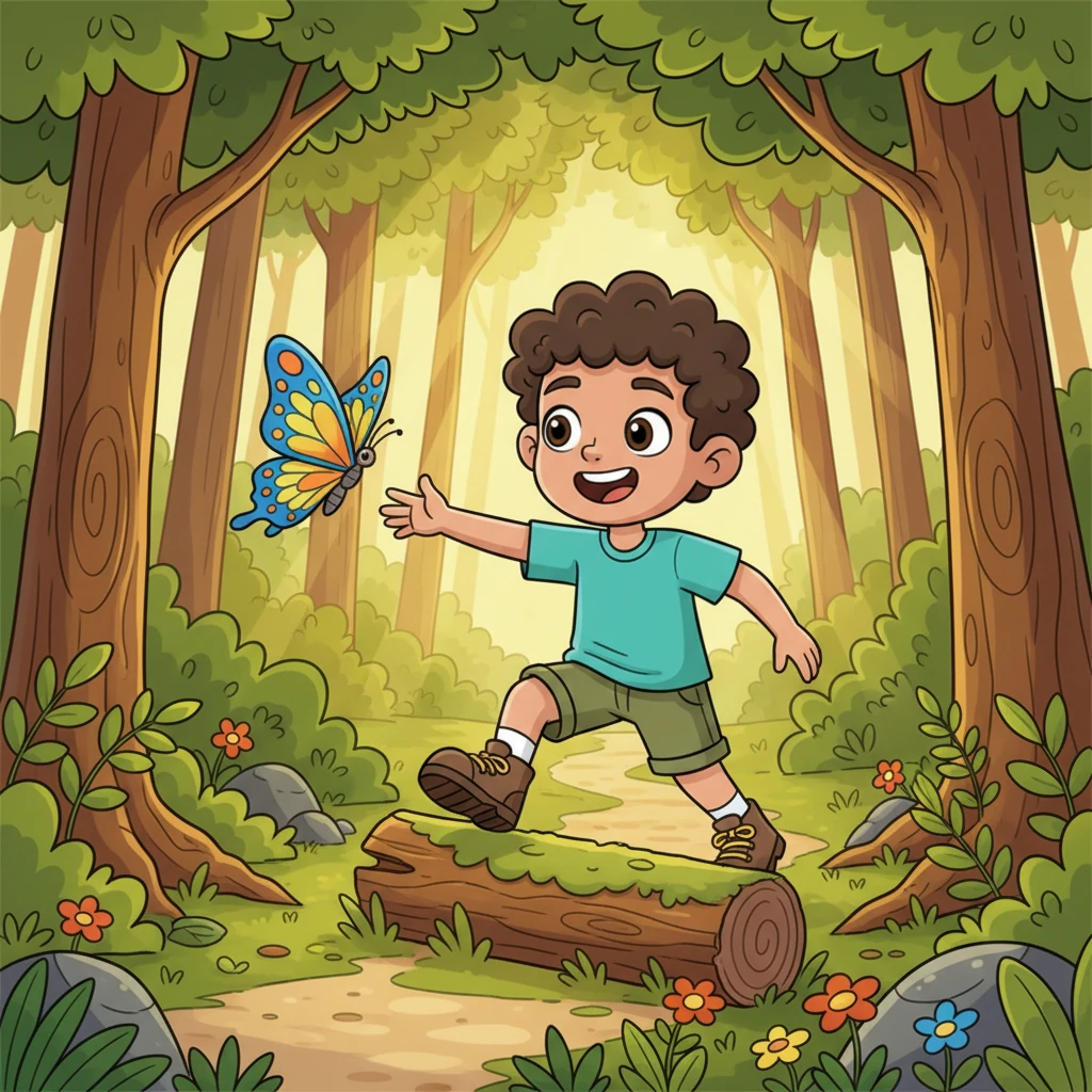 Leo, un niño curioso y juguetón, se aventuró más allá del sendero conocido, persiguiendo una mariposa de colores brillantes. El sol filtraba sus rayos a través de las hojas, creando un mosaico de luz y sombra en el suelo del bosque. Sus ojos brillaban de emoción, ajeno a lo lejos que se estaba adentrando.