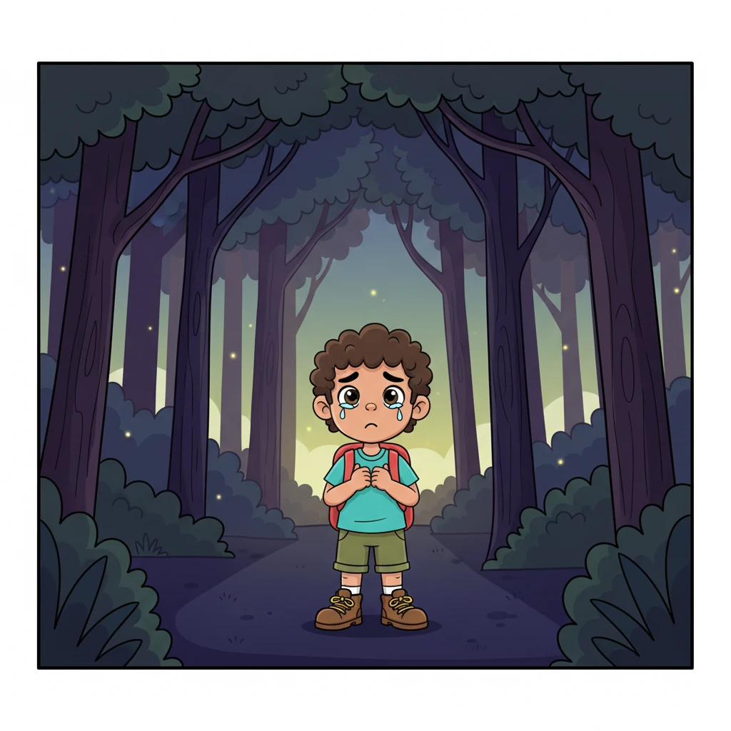 La mariposa desapareció entre los árboles y Leo se dio cuenta de que no reconocía el camino de vuelta. Las sombras se hicieron más largas y el bosque comenzó a parecer un poco más grande y silencioso de lo que recordaba. Una pequeña lágrima rodó por su mejilla mientras su corazón empezaba a latir con fuerza.