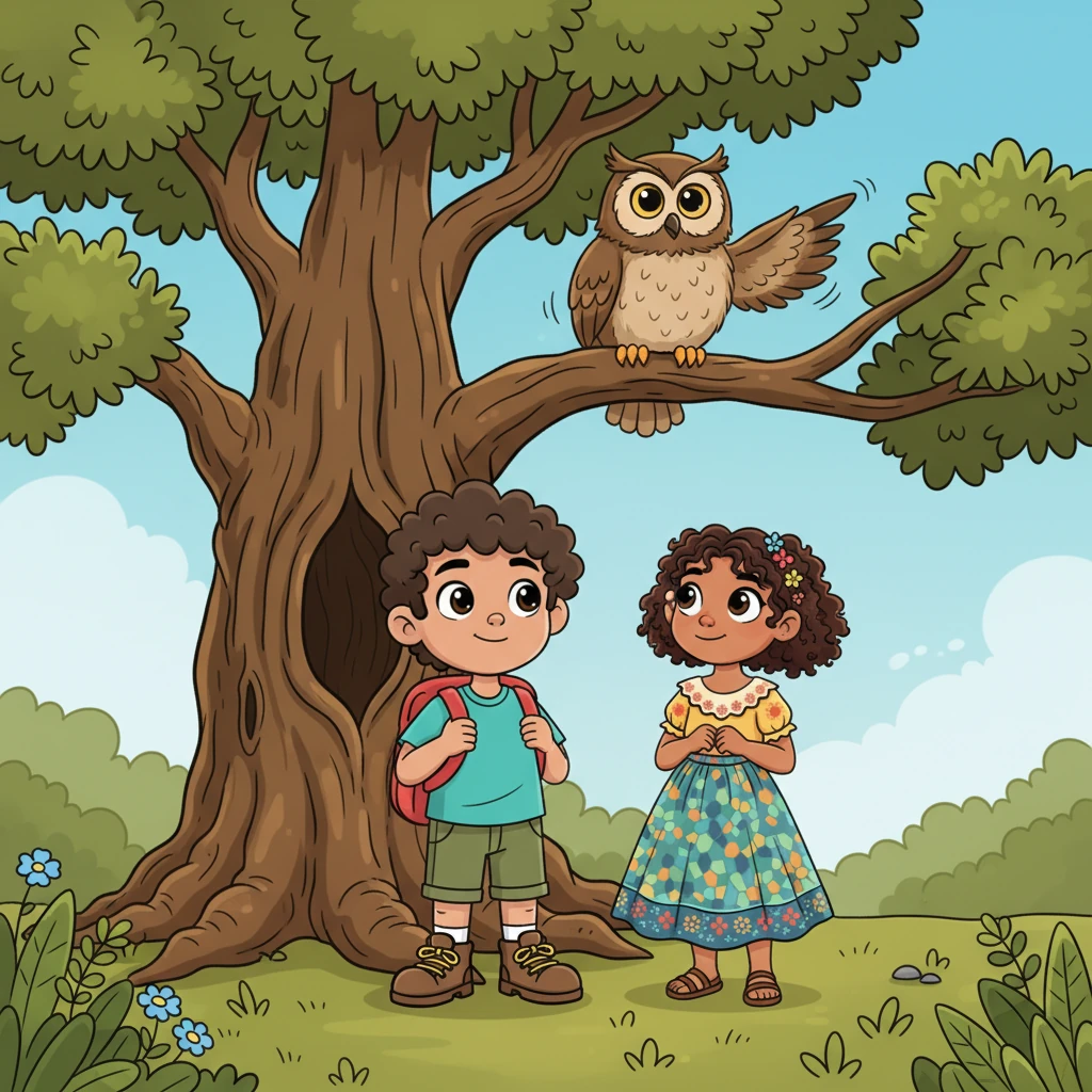 Chispita llevó a Leo a un gran roble donde un búho sabio, con grandes ojos redondos, estaba posado. El búho, llamado Sabio, ululó suavemente, pareciendo entender la situación de Leo. Con un movimiento de su cabeza, Sabio señaló una dirección con su ala, ofreciendo su ayuda.