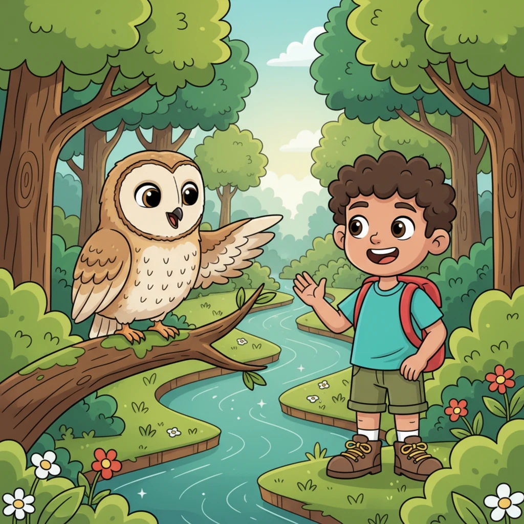 Sabio indicó el camino hacia un río cercano, que serpenteaba a través del bosque. Le explicó a Leo, con gestos y ululidos, que el río siempre llevaba hacia el borde del bosque. Leo agradeció al búho y continuó su viaje, sintiéndose más seguro de su dirección.