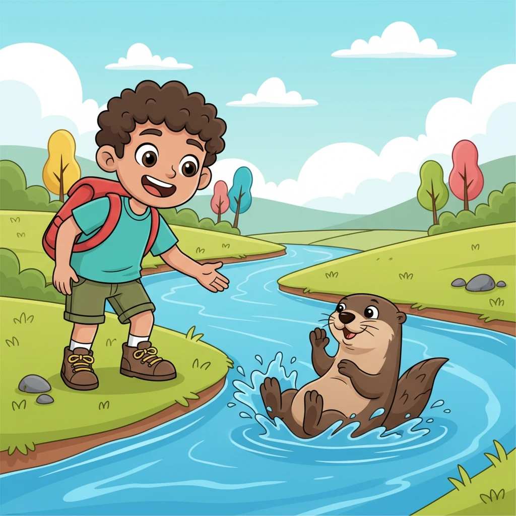 Al llegar al río, un juguetón nutria, llamada Nala, apareció, deslizándose y chapoteando en el agua. Nala vio a Leo y, con un silbido amistoso, le invitó a seguirla. La nutria nadó por el río, mostrando a Leo el camino más fácil y divertido.