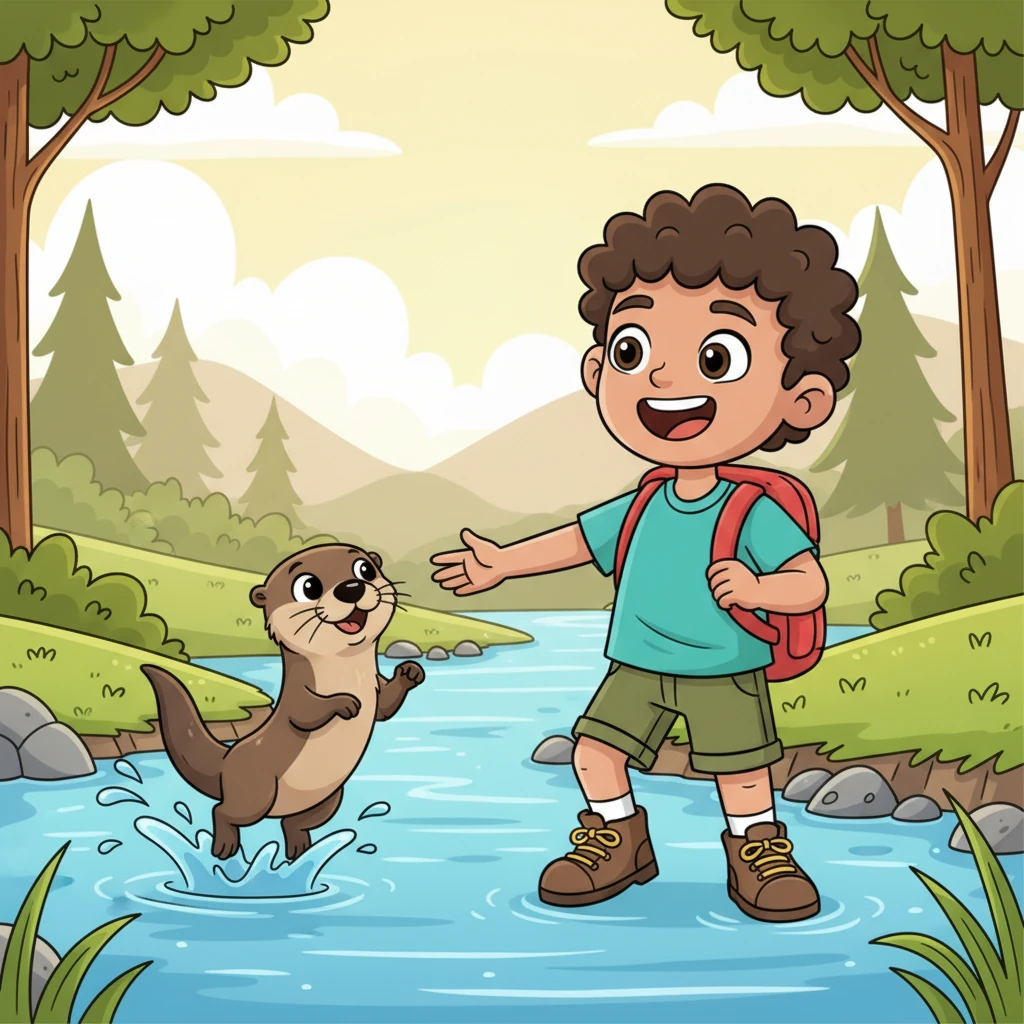 Leo siguió a Nala por la orilla del río, riendo mientras la nutria saltaba y jugaba en el agua. El sonido del río era tranquilizador y la compañía de Nala hizo que el viaje fuera divertido y lleno de alegría. Poco a poco, el bosque empezó a verse menos denso y más familiar.