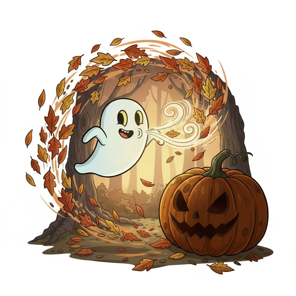 Pipo, o fantasma divertido, surgiu flutuando, com um sorriso brincalhão. Ele soprou uma lufada de vento, tentando trazer alguma luz. As folhas rodopiavam ao seu redor, mas a abóbora permanecia sombria.