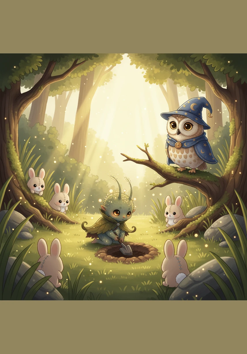 In a sun-drenched clearing where the grass was softest, Pip began to dig a shallow hole in the rich, dark earth. A group of shy rabbits and a wise old owl watched from the shadows, wondering what Pip was planting in the secret meadow.