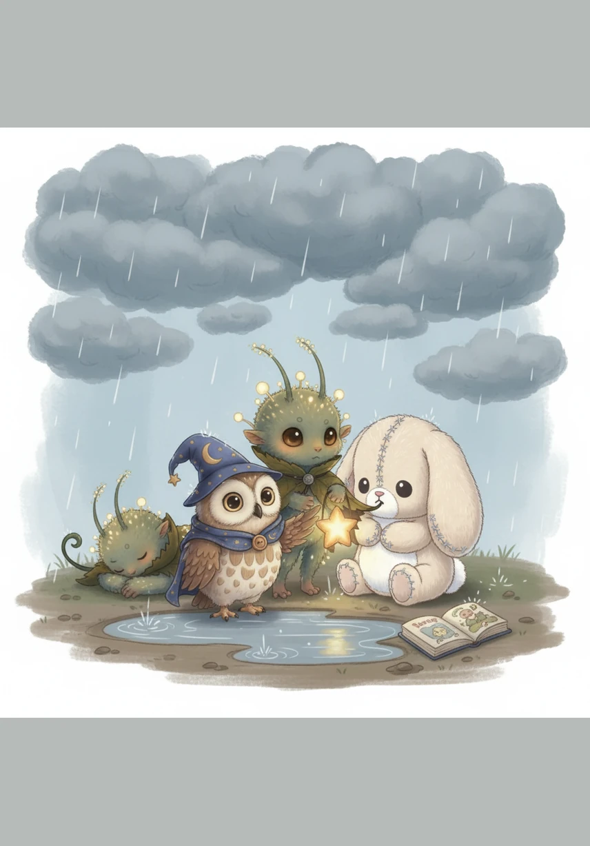 When the afternoon clouds gathered and a gentle rain began to fall, Pip didn't seek shelter under the trees. Instead, Pip held a wide emerald leaf over the planting spot like an umbrella to keep the delicate seed safe from the heavy drops.