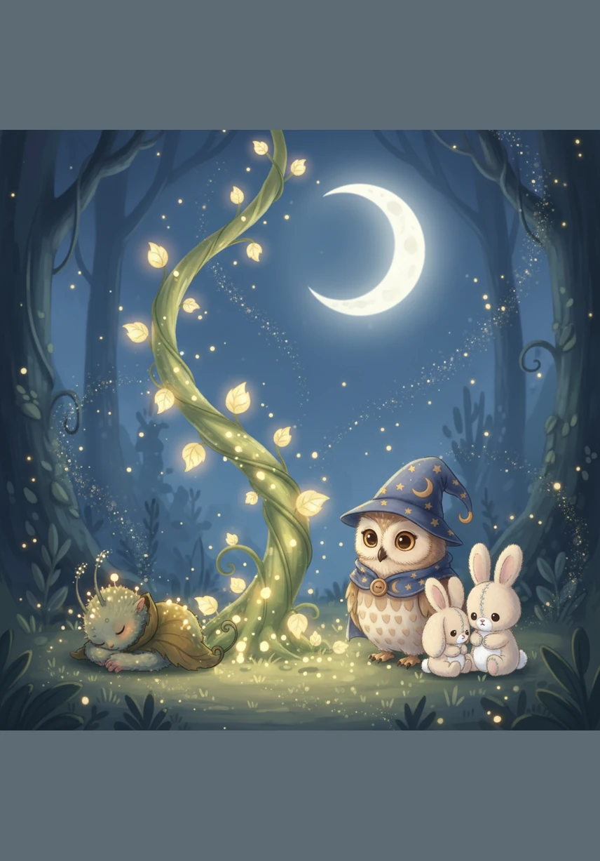 As the moon rose high in the sky, Pip curled up at the base of the magical vine, surrounded by new friends. The forest was no longer just a home, but a place of shared magic and endless light, all thanks to one small seed and a lot of love.
