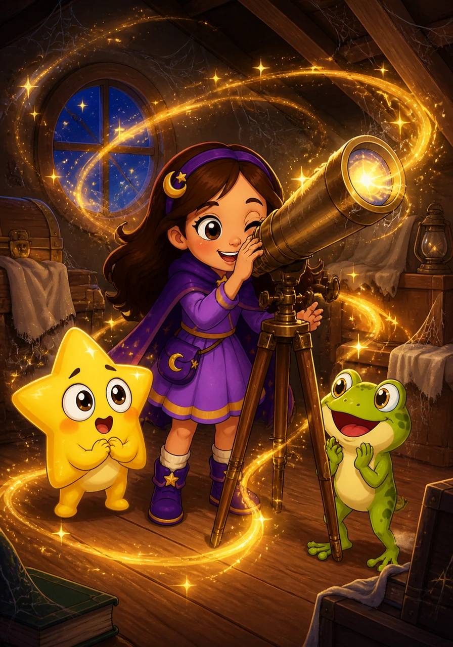 One starry night, Luna climbed into her dusty attic and discovered an old telescope tucked away in a corner. As she brushed off the cobwebs and peeked through the lens, a magical golden glow began to swirl around the room.
