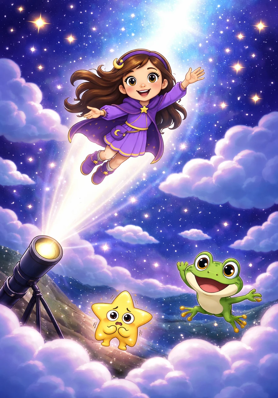 Suddenly, the light grew brighter and a gentle force pulled Luna right through the telescope and into the night sky. She soared past the clouds, feeling the cool air on her face as she traveled toward the twinkling stars.