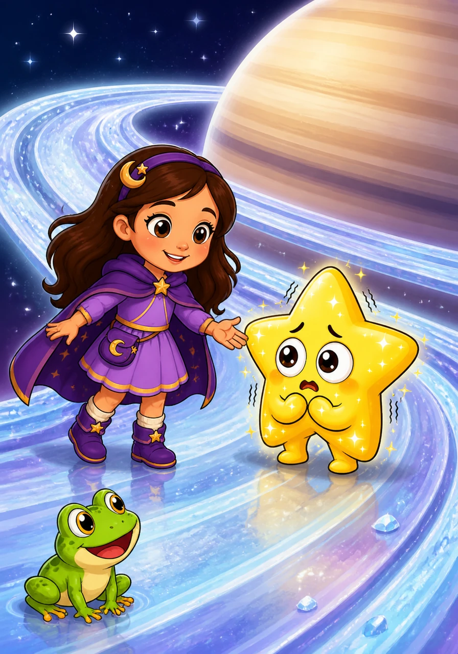Luna landed softly on the shimmering, icy rings of Saturn, which felt like a giant slide in the sky. There she met Sparky, a tiny star who was shivering because he was afraid of how high up they were.