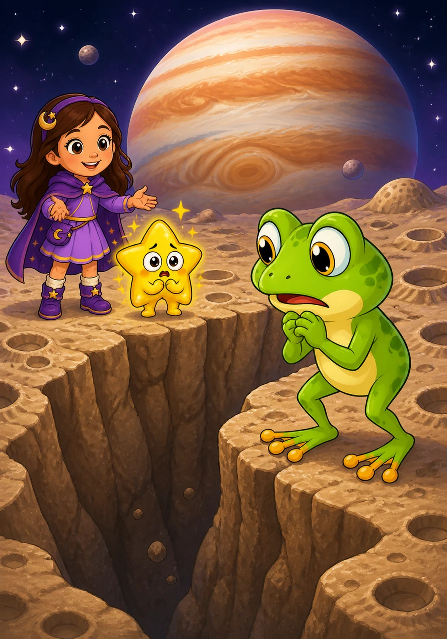 They zoomed over to the bumpy moons of Jupiter, where they met a green space frog named Pip. Pip was standing at the edge of a deep crater, looking nervous as he tried to figure out how to jump across.