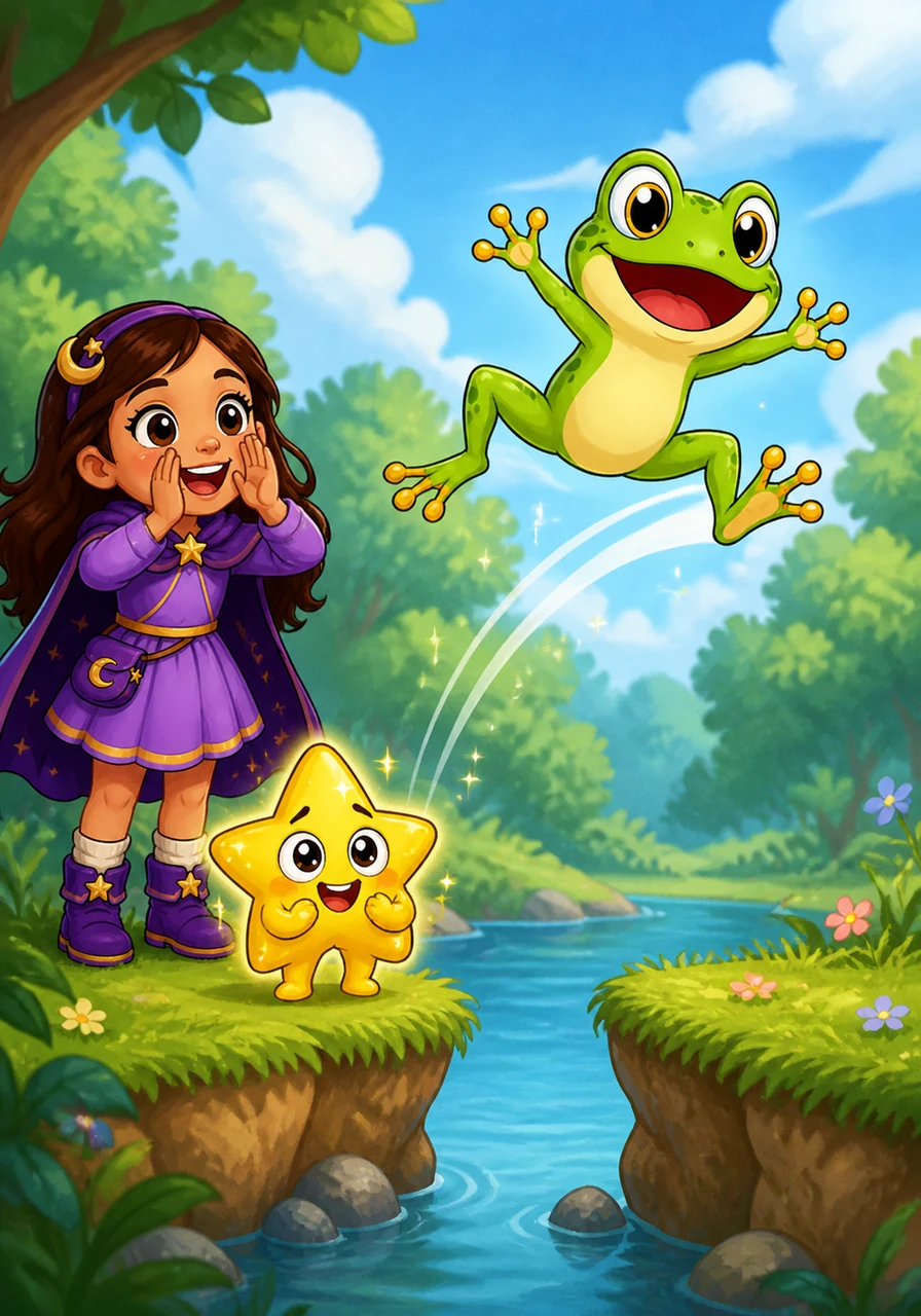 Luna cheered loudly for Pip, telling him to believe in his strong legs and his big heart. With a mighty leap, Pip soared through the air and landed perfectly on the other side, croaking with joy at his new accomplishment.
