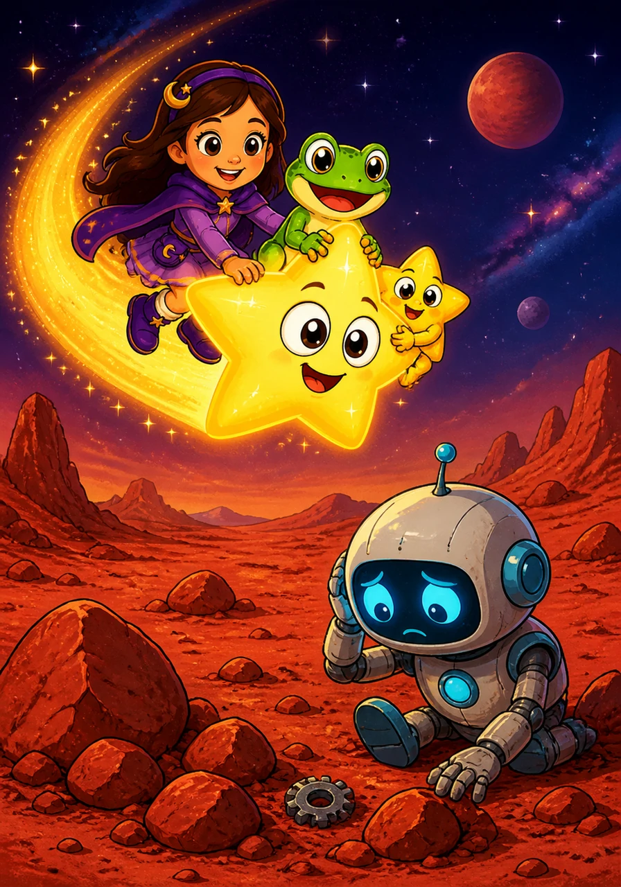 The three friends hopped onto a passing shooting star, riding its glowing tail all the way to the red, dusty hills of Mars. They found a lonely little robot who was sadly searching for a missing gear hidden among the rocks.