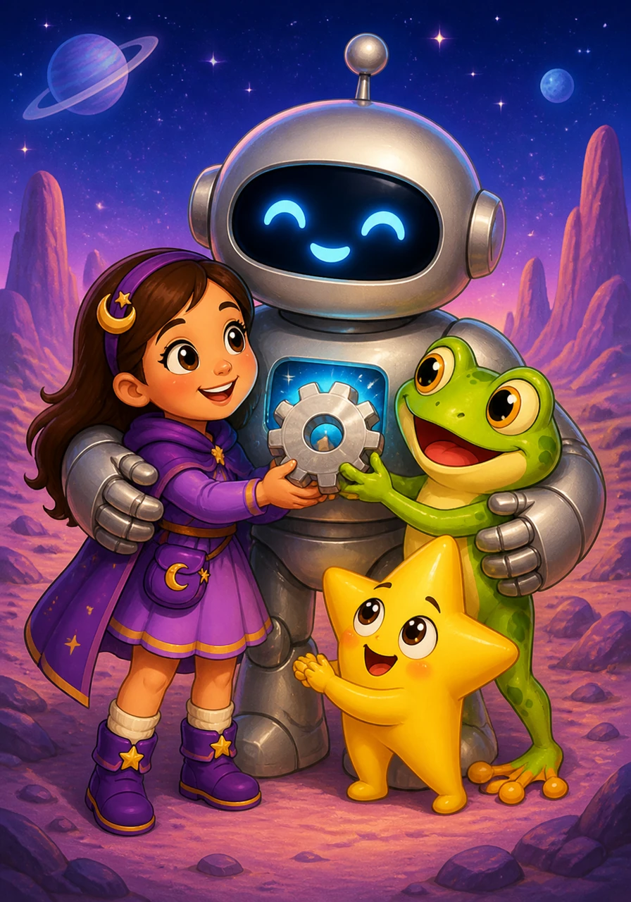 Working together, they spotted the shiny silver gear tucked under a bright red stone and returned it to the robot. The robot beeped happily and gave them a warm metal hug, making Luna realize that helping others is the best way to make the universe feel like home.