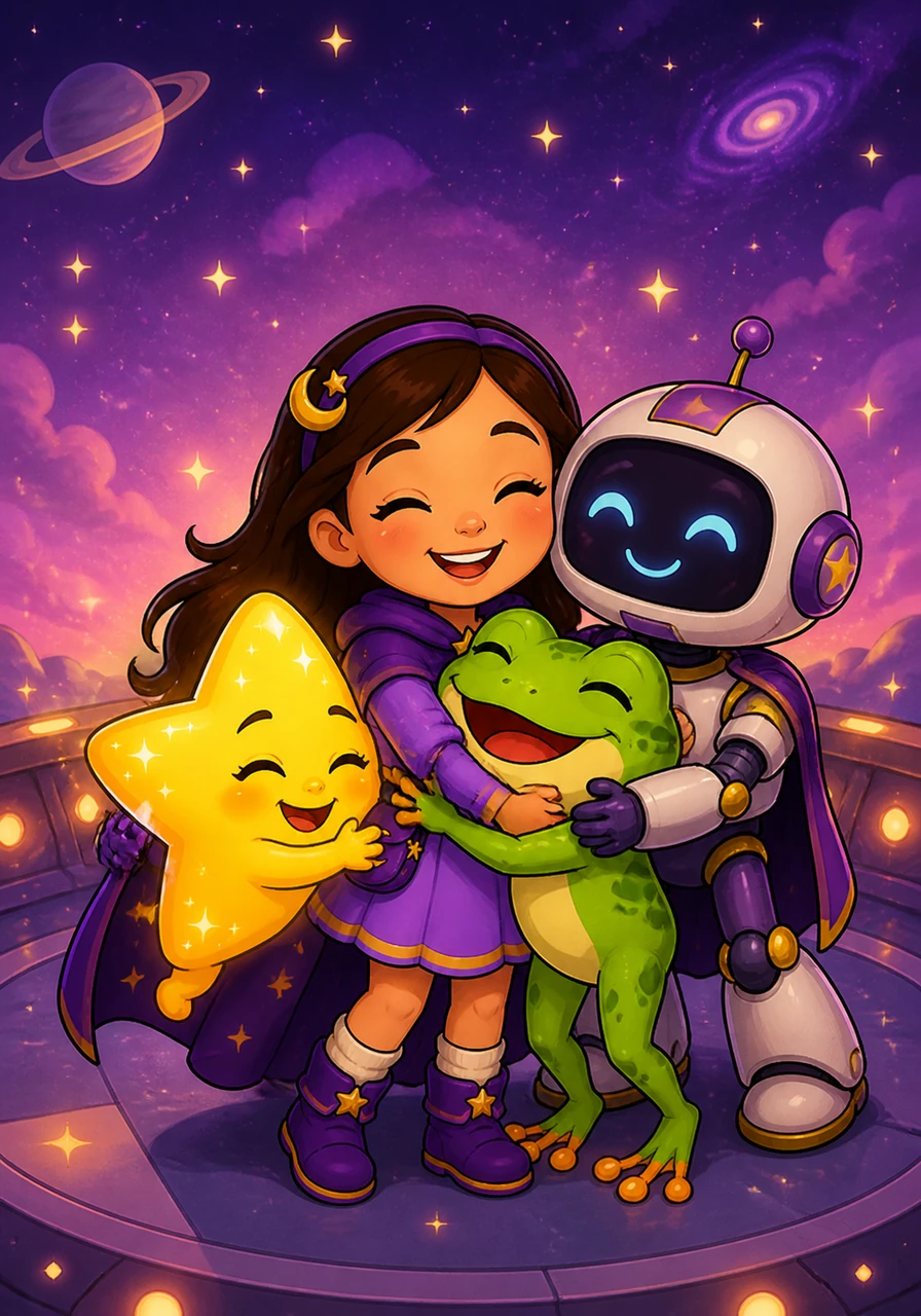 As the cosmic sky turned a sleepy shade of purple, Luna knew it was time to say goodbye to her new friends. She hugged Sparky, Pip, and the robot, promising that she would always remember their incredible journey through the stars.