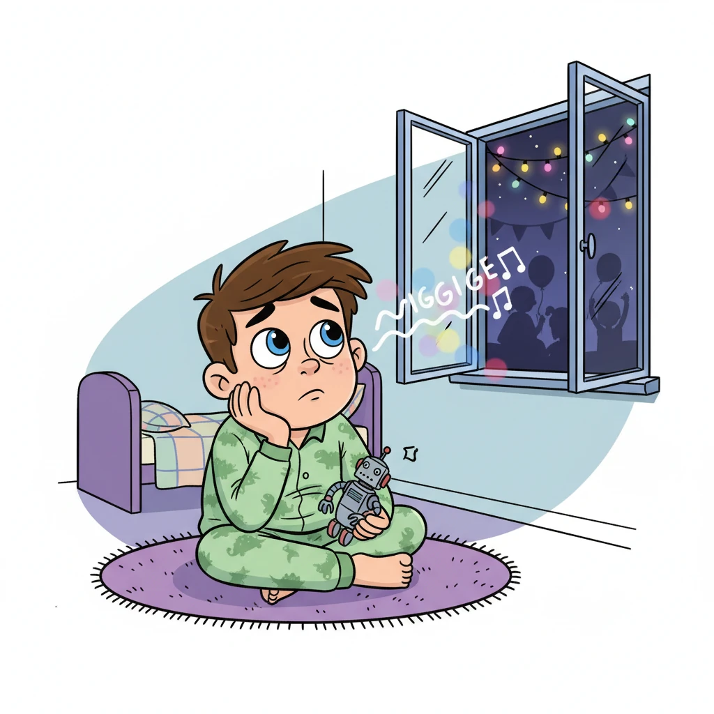 Barnaby, a boy with a mischievous glint in his eye, sat bored in his room one evening. He noticed bright, twinkling lights and heard giggles floating from his next-door neighbor's house. It was clearly a super fun slumber party!