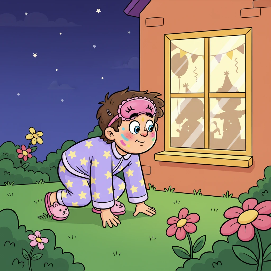 His curiosity got the better of him, and Barnaby tiptoed across the lawn. He crouched low, peeking through a brightly lit window, hoping to catch a glimpse of the exciting party action.